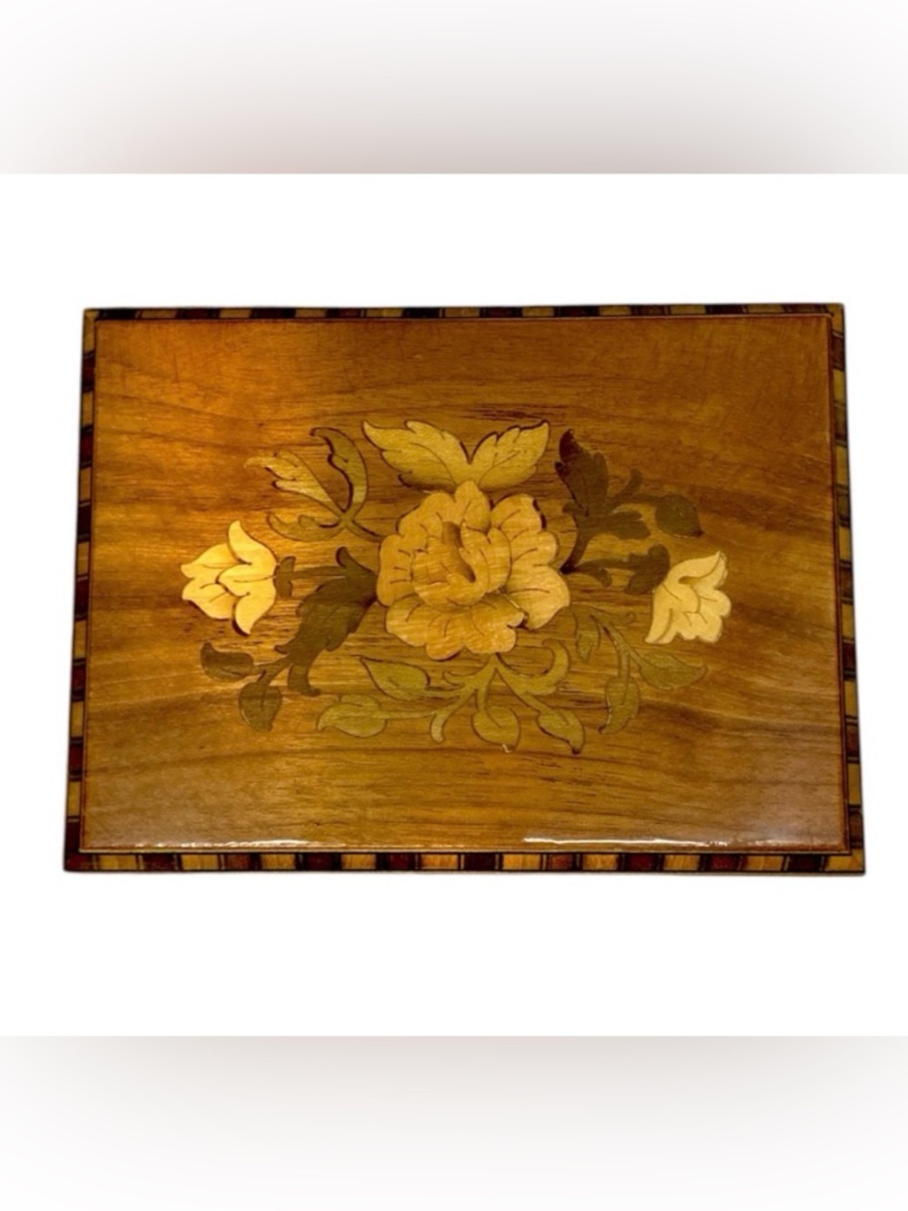 Vintage Notturno Intarsio Italy Inlaid Floral Wood Music Box Plays Isle of Capri